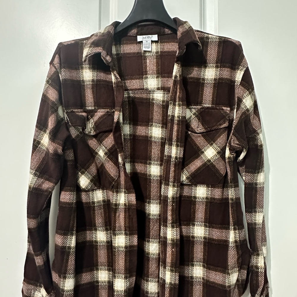 Brown and White Plaid Flannel Shirt